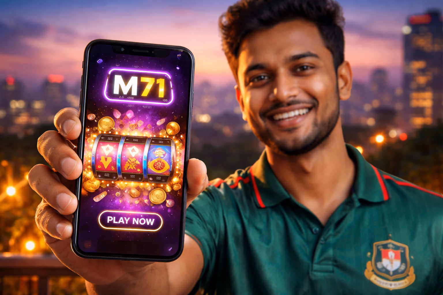 Bangladeshi player tapping the M71 mobile casino app on a smartphone with glowing chips and cards rising from the screen