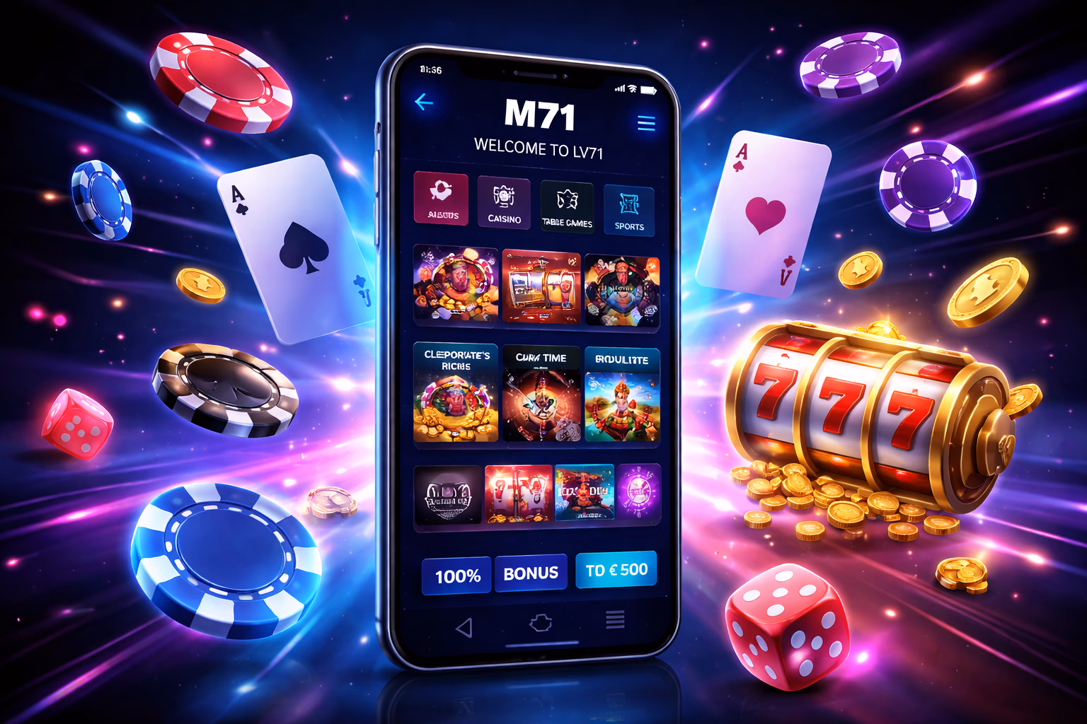 Cheerful Bangladeshi user enjoying the M71 mobile betting app with neon tokens and playing cards floating in the background