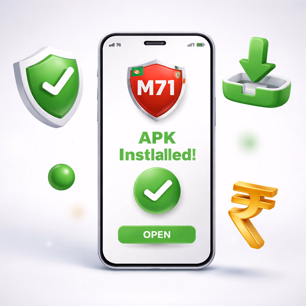 Smiling Bangladeshi user holding a phone running the M71 mobile casino app inside a warm, cozy living room