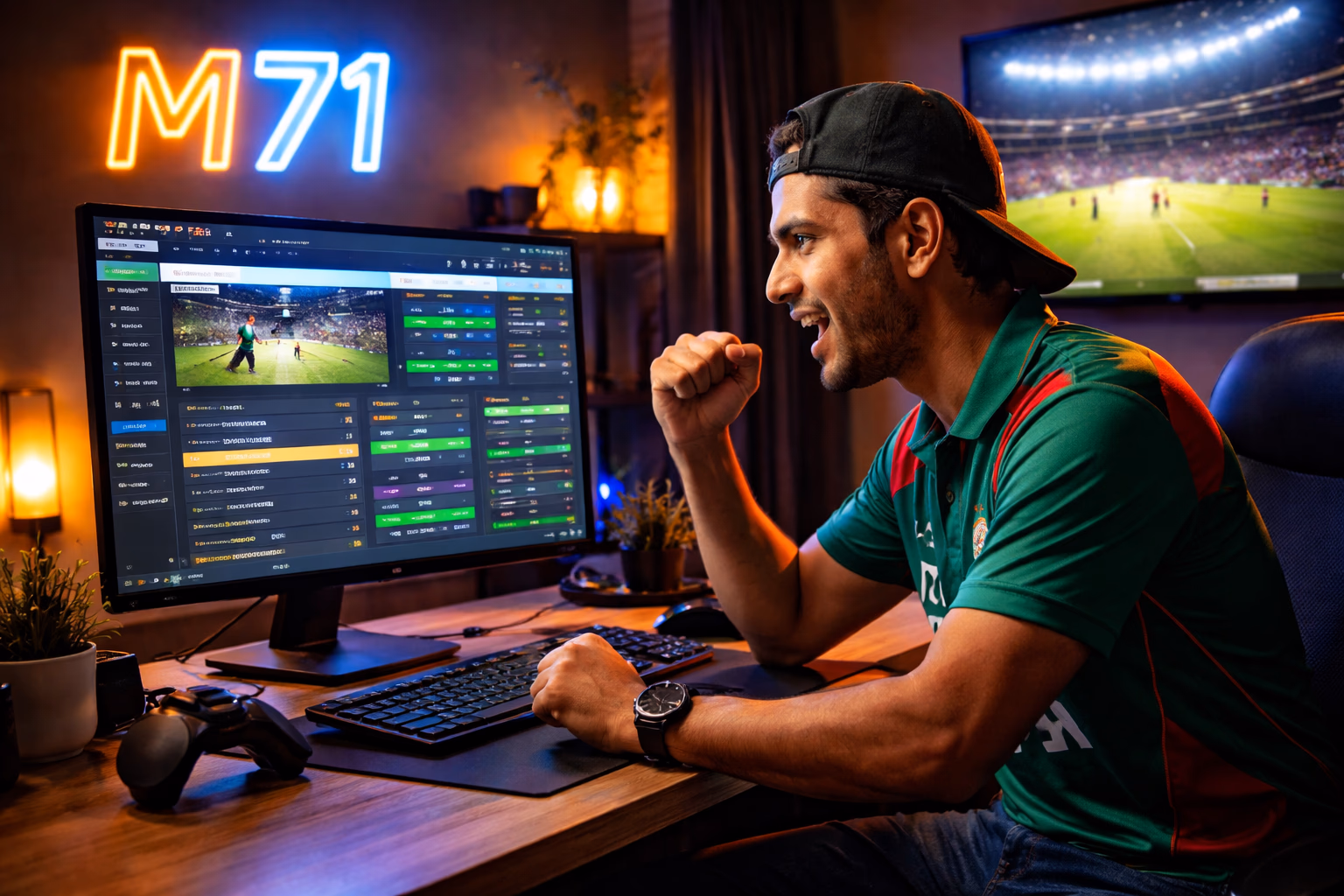 Focused Bangladeshi sports enthusiast reviewing live cricket markets on a desktop while a stadium broadcast plays in the background through the M71 betting portal