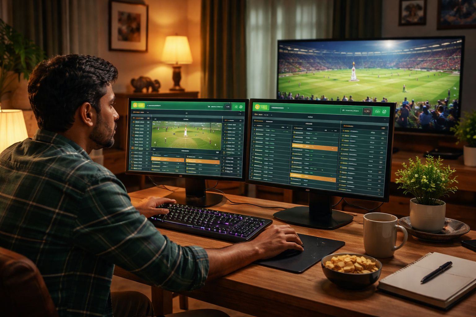 Bangladesh punter analyzing live cricket statistics on dual monitors using M71 while a stadium match streams in a comfortable home setup