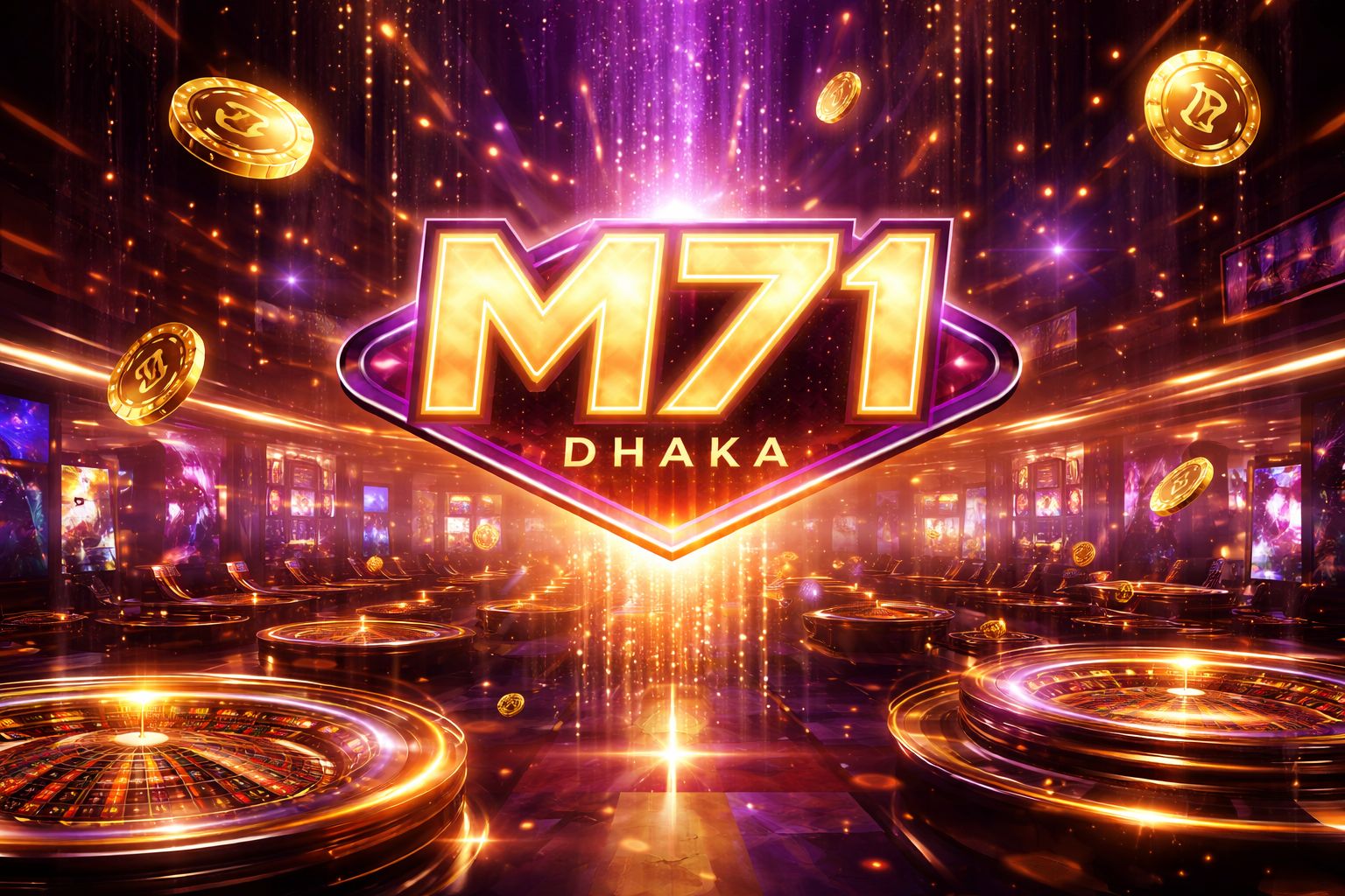 Glowing M71 neon billboard above a virtual casino floor with floating chips and roulette wheels representing premium gaming in Bangladesh