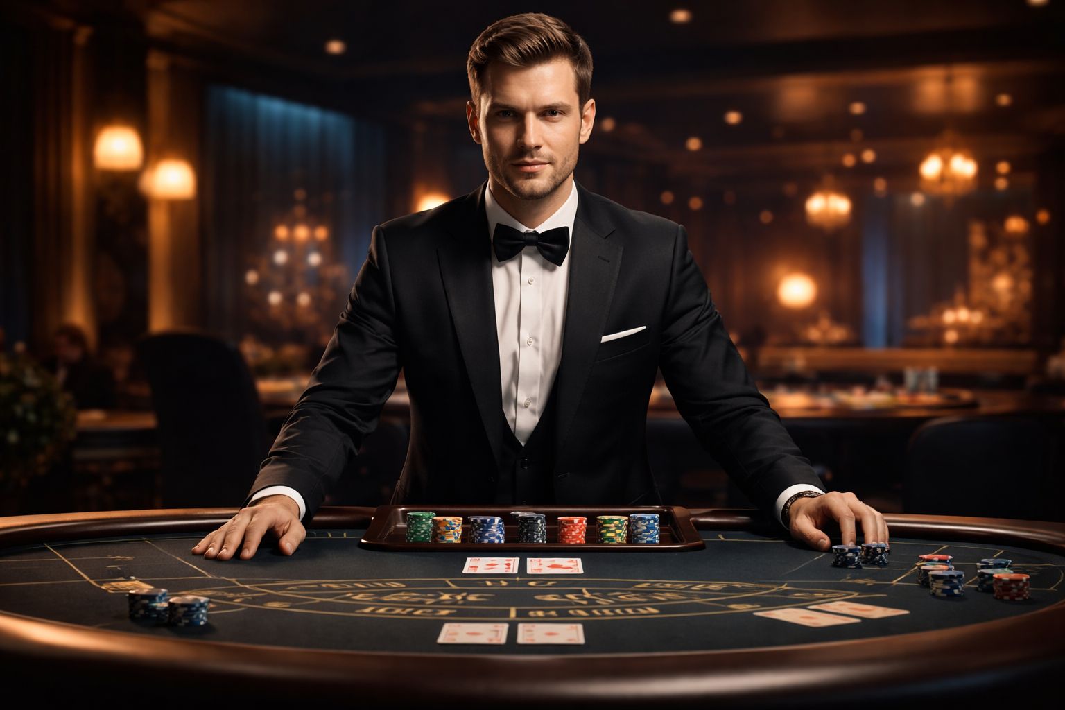 Composed live casino host in formal attire standing beside a roulette wheel surrounded by sophisticated decor and warm lighting representing the upscale gaming mood of M71 in Bangladesh