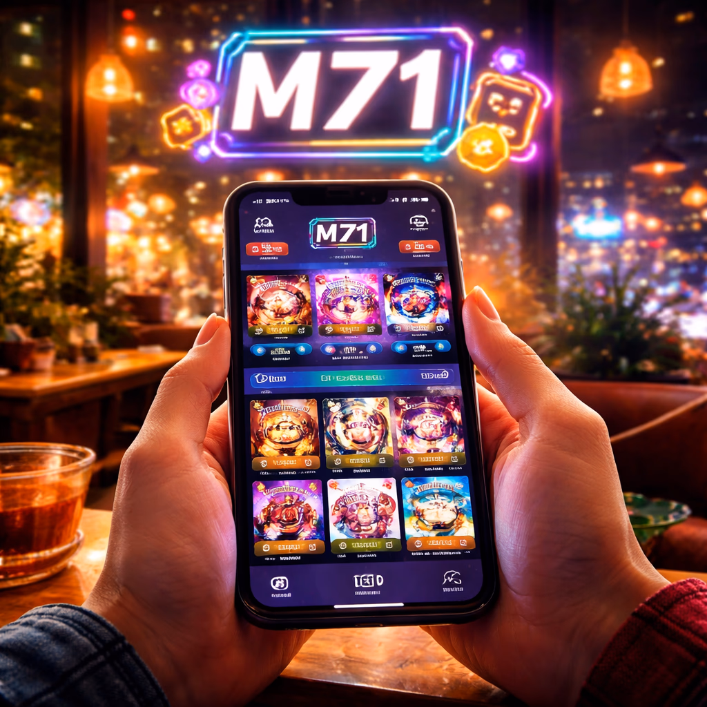 Bangladeshi player exploring the M71 games lobby on a laptop with colorful slot artwork and glowing interface