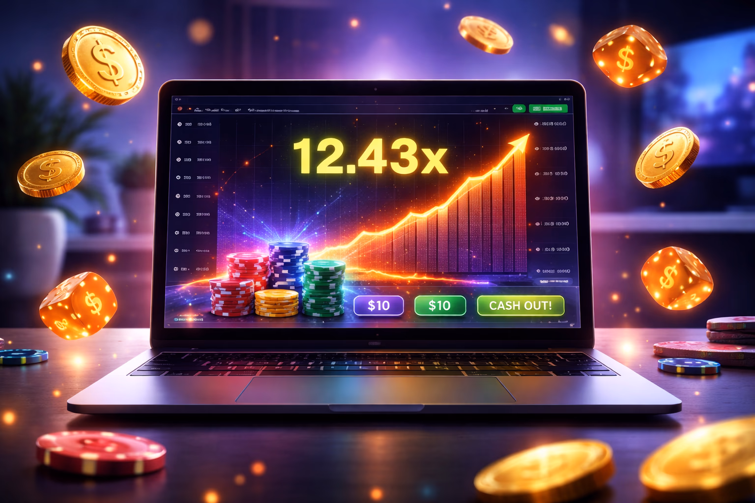 Sleek laptop screen displaying a multiplier crash game with vivid betting chips and a glowing graph at M71