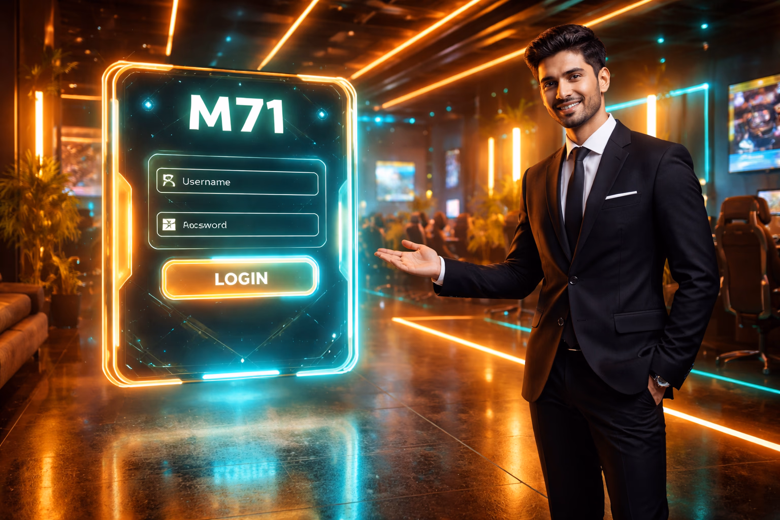 Friendly Bengali host gesturing toward a glowing M71 sign-in panel inside a vibrant gaming lounge