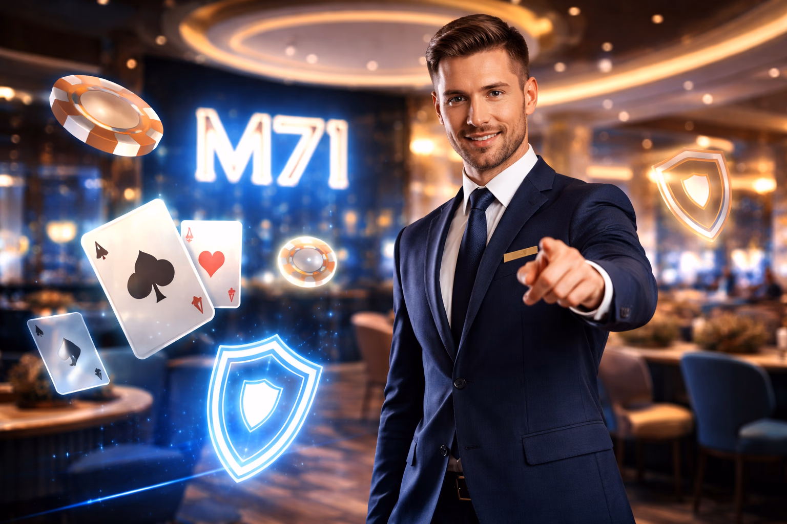 Welcoming gaming concierge pointing forward in a luminous lounge with floating cards representing the M71 entry gateway for Bangladeshi players