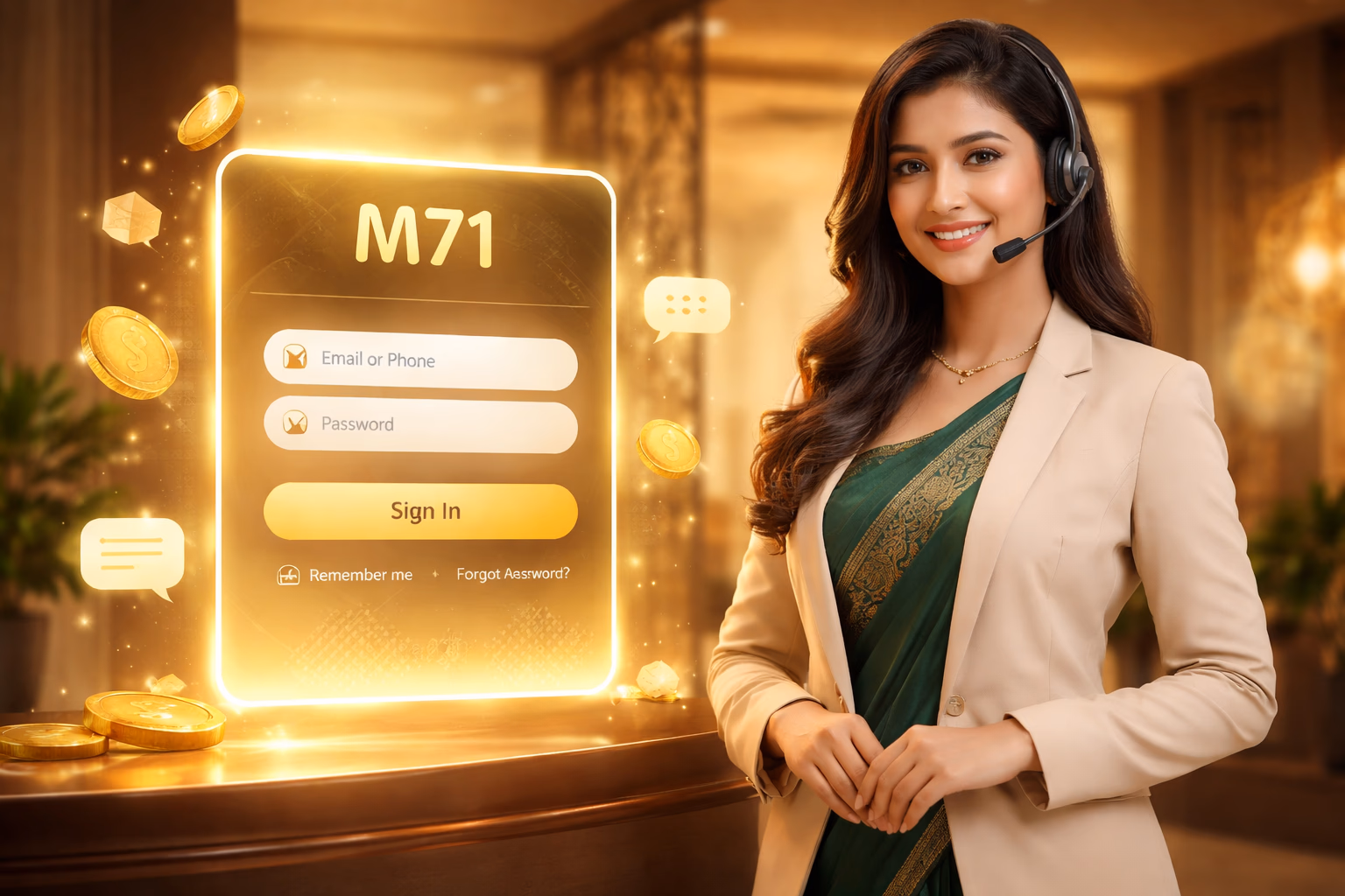 Polished Bangladeshi host greeting visitors at the M71 sign-in portal with shimmering lights and floating coin icons