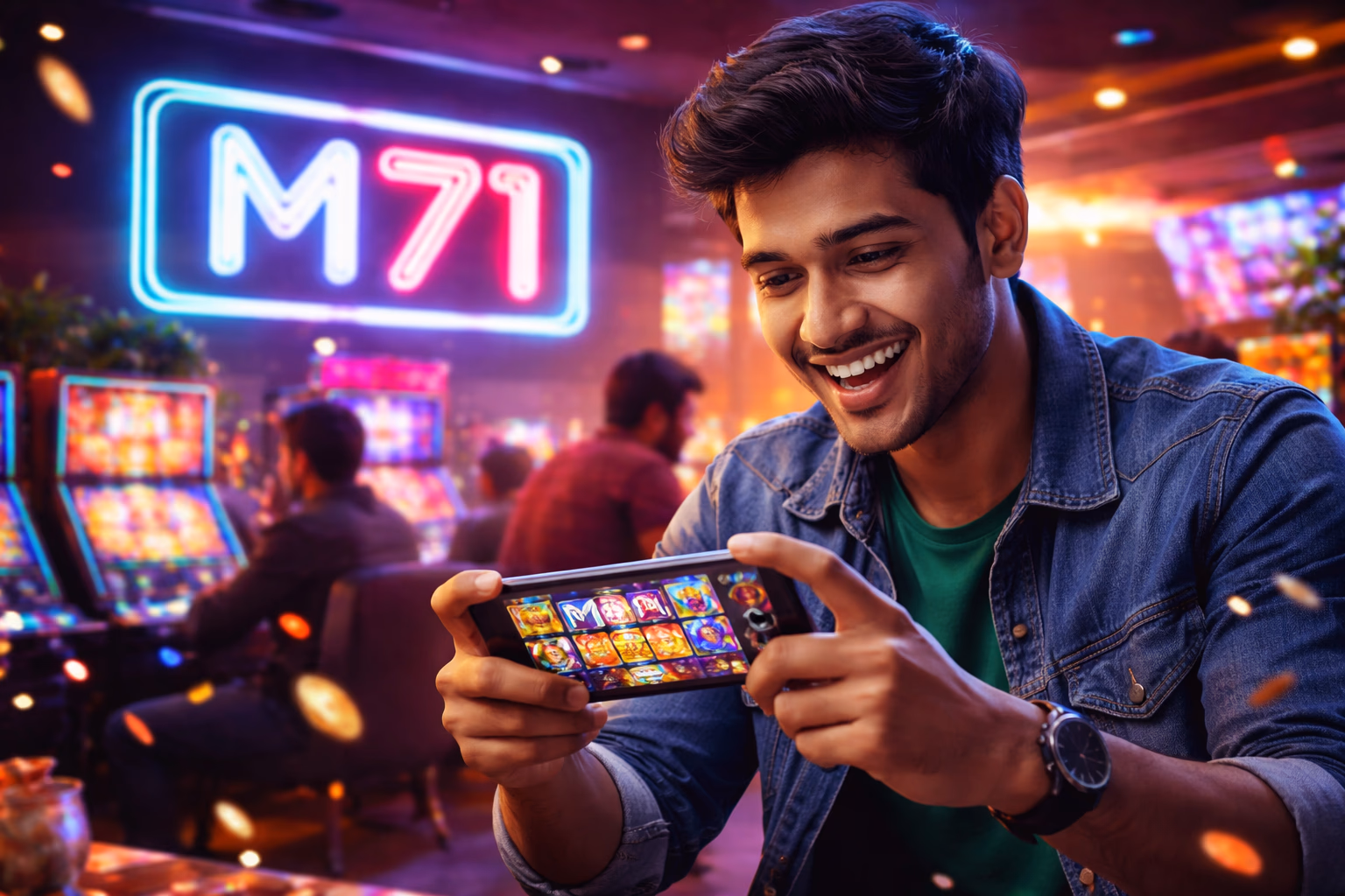 Enthusiastic player enjoying a colourful slot reel with shimmering jackpot icons at M71 platform in Bangladesh